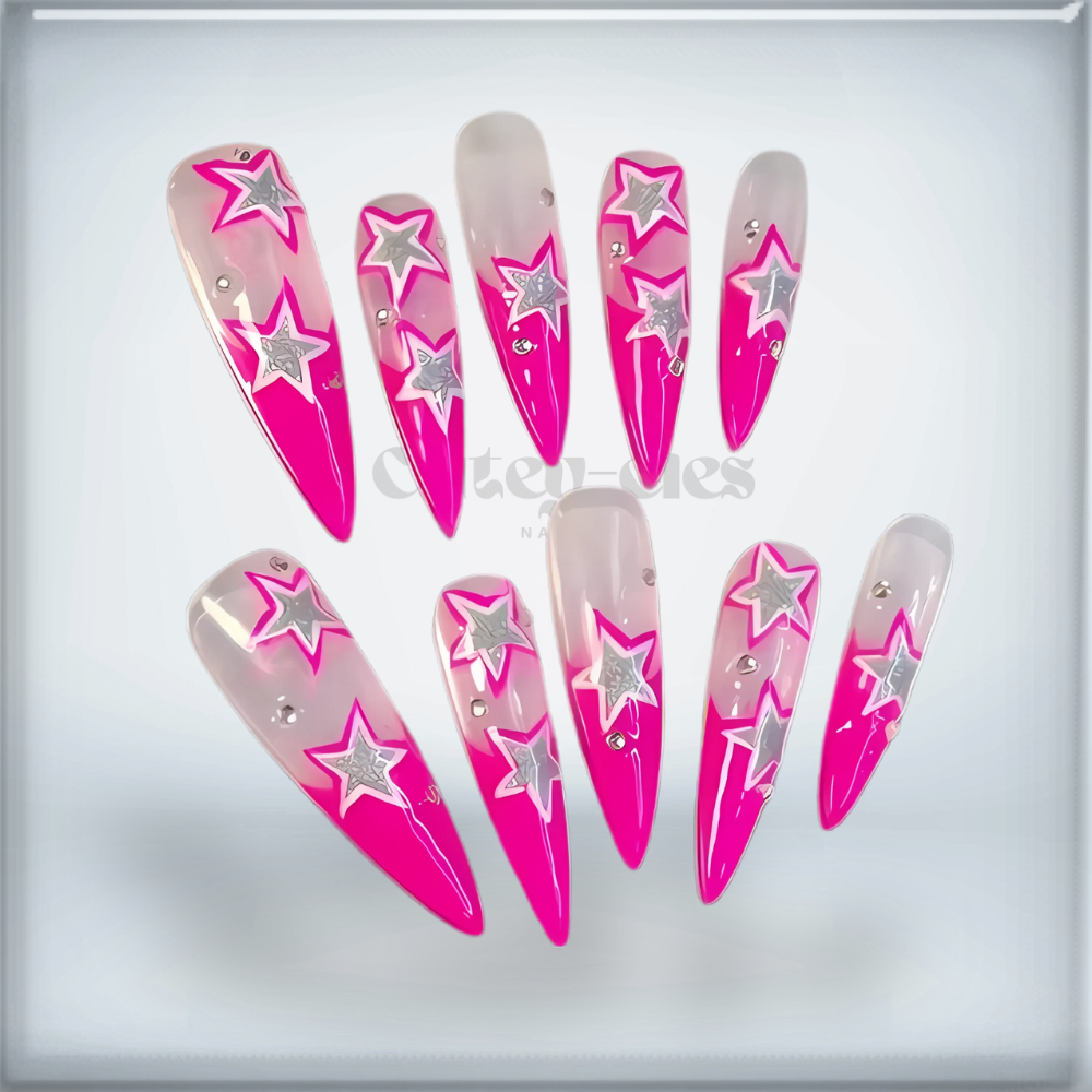 Pink Stiletto Nails with Silver Star Accents – Celestial Glam Press-Ons