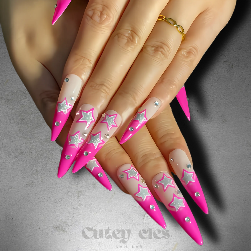 Pink Stiletto Nails with Silver Star Accents – Celestial Glam Press-Ons