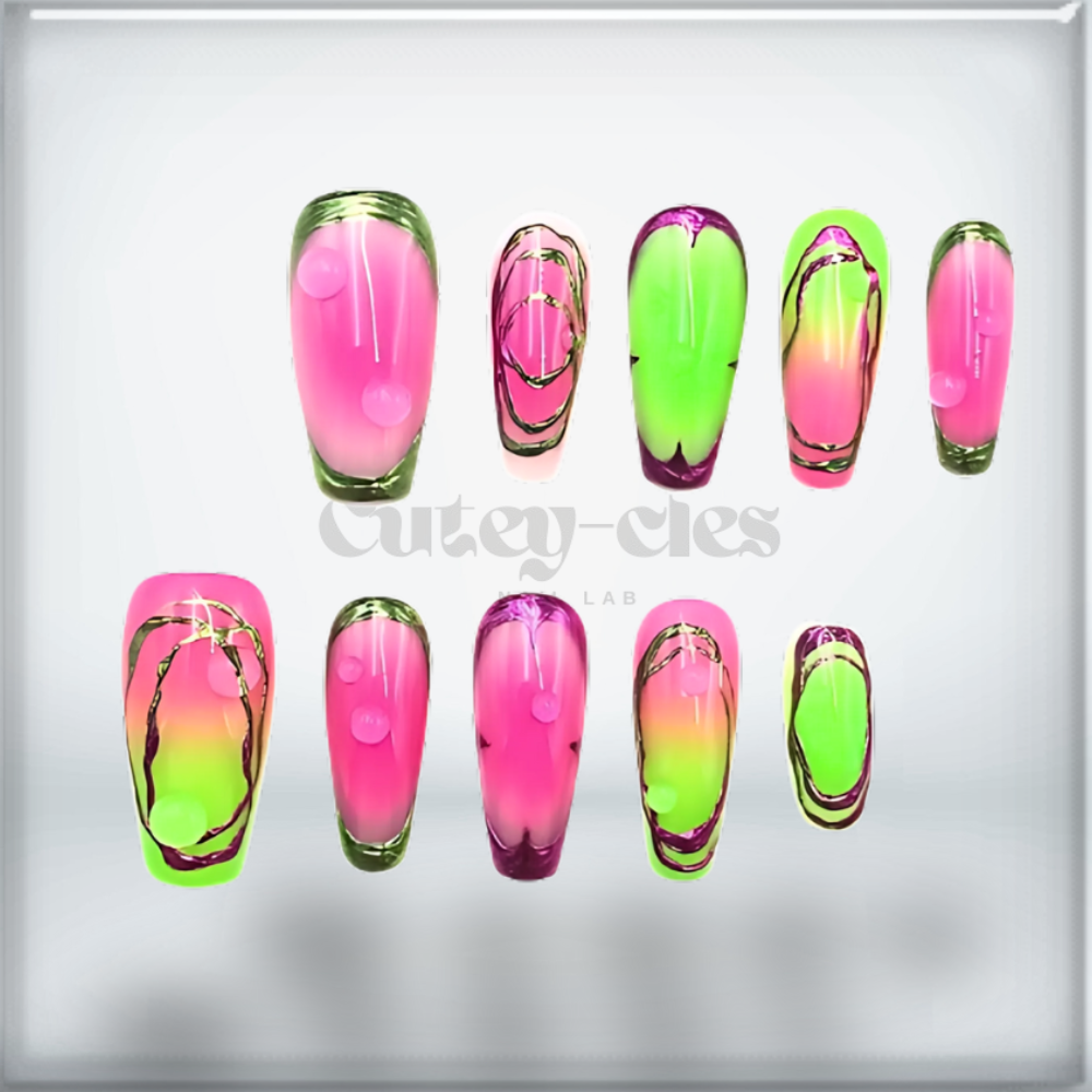 Medium coffin press-on nail set showcasing neon gradient designs with pink, green, and gold elements.
