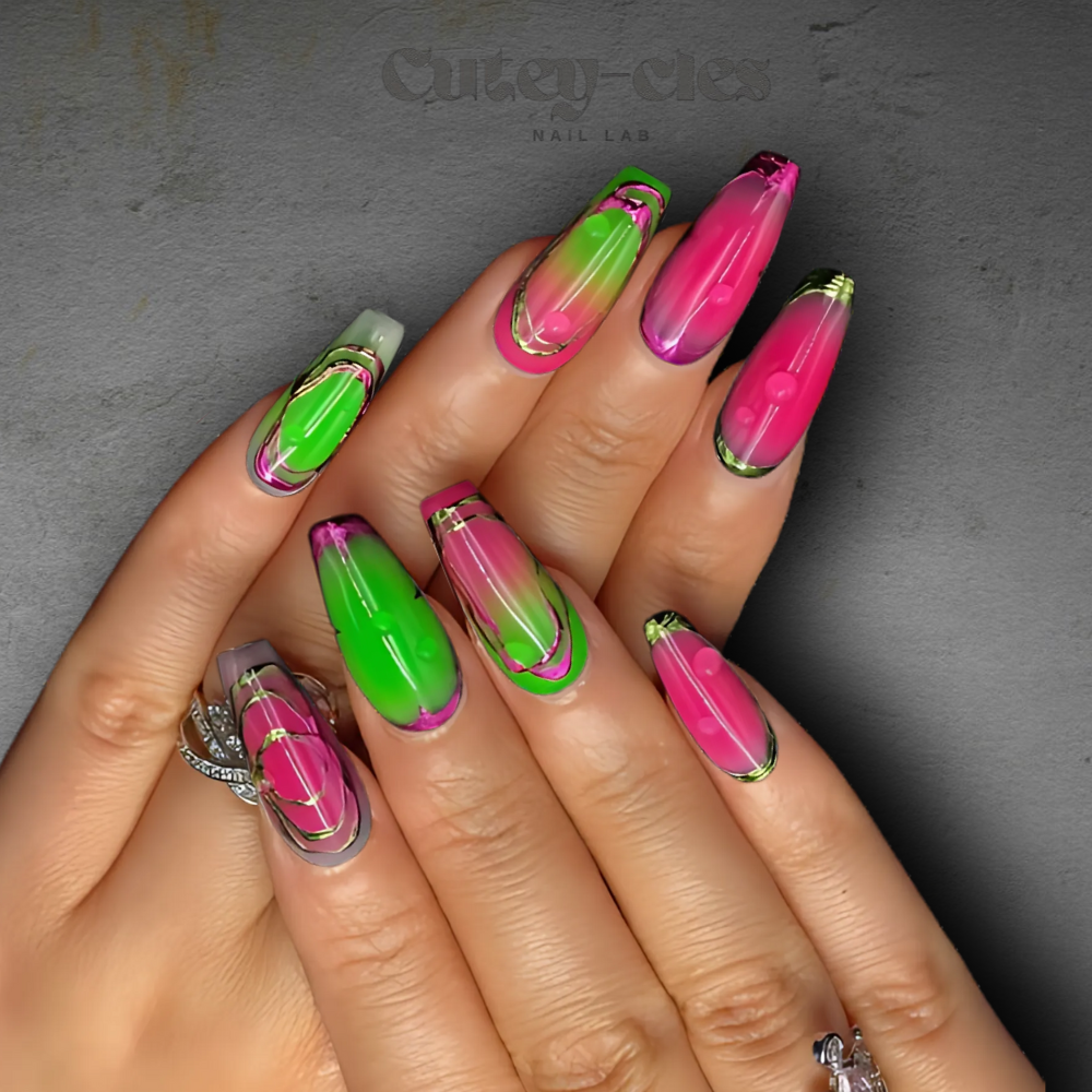 Medium coffin press-on nail set showcasing neon gradient designs with pink, green, and gold elements.