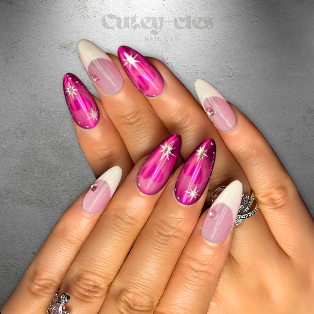 romantic magenta press-on nails featuring glossy finishes, heart designs, and shimmering stars.