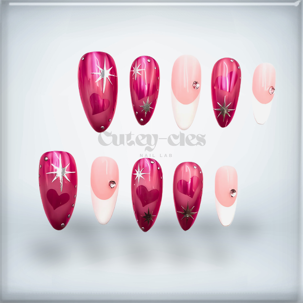 romantic magenta press-on nails featuring glossy finishes, heart designs, and shimmering stars.