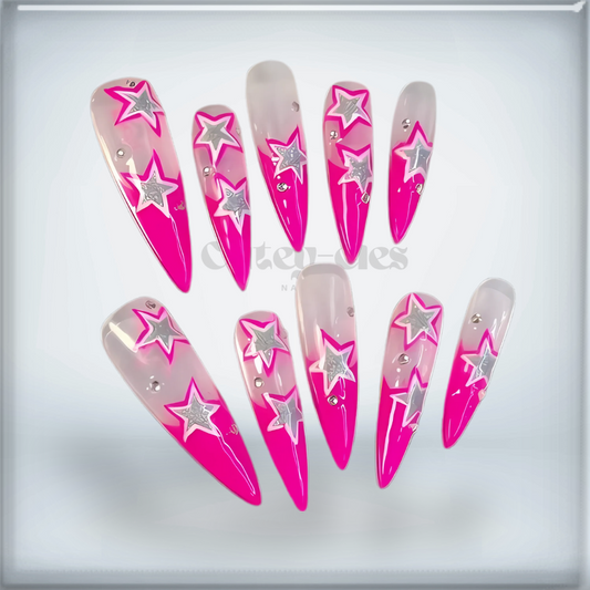 Pink Stiletto Nails with Silver Star Accents – Celestial Glam Press-Ons 