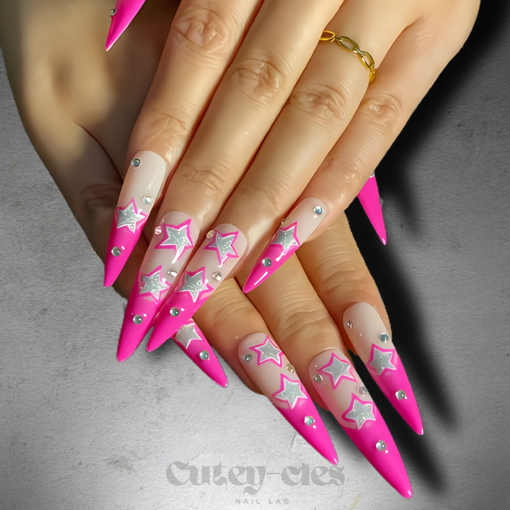 Pink Stiletto Nails with Silver Star Accents – Celestial Glam Press-Ons 