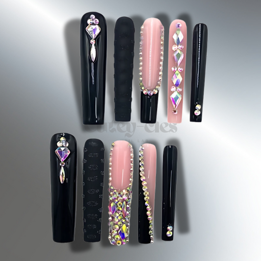 3XL black and pink press-on nails with rhinestone embellishments