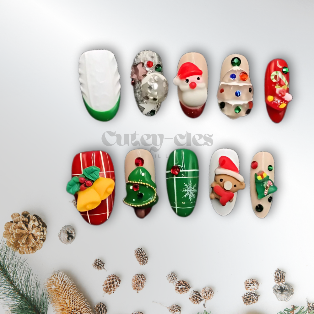 3D Christmas jelly press-on nails with designs including Santa Claus, Christmas trees, ornaments, bells, and candy canes in festive red, green, and white tones.