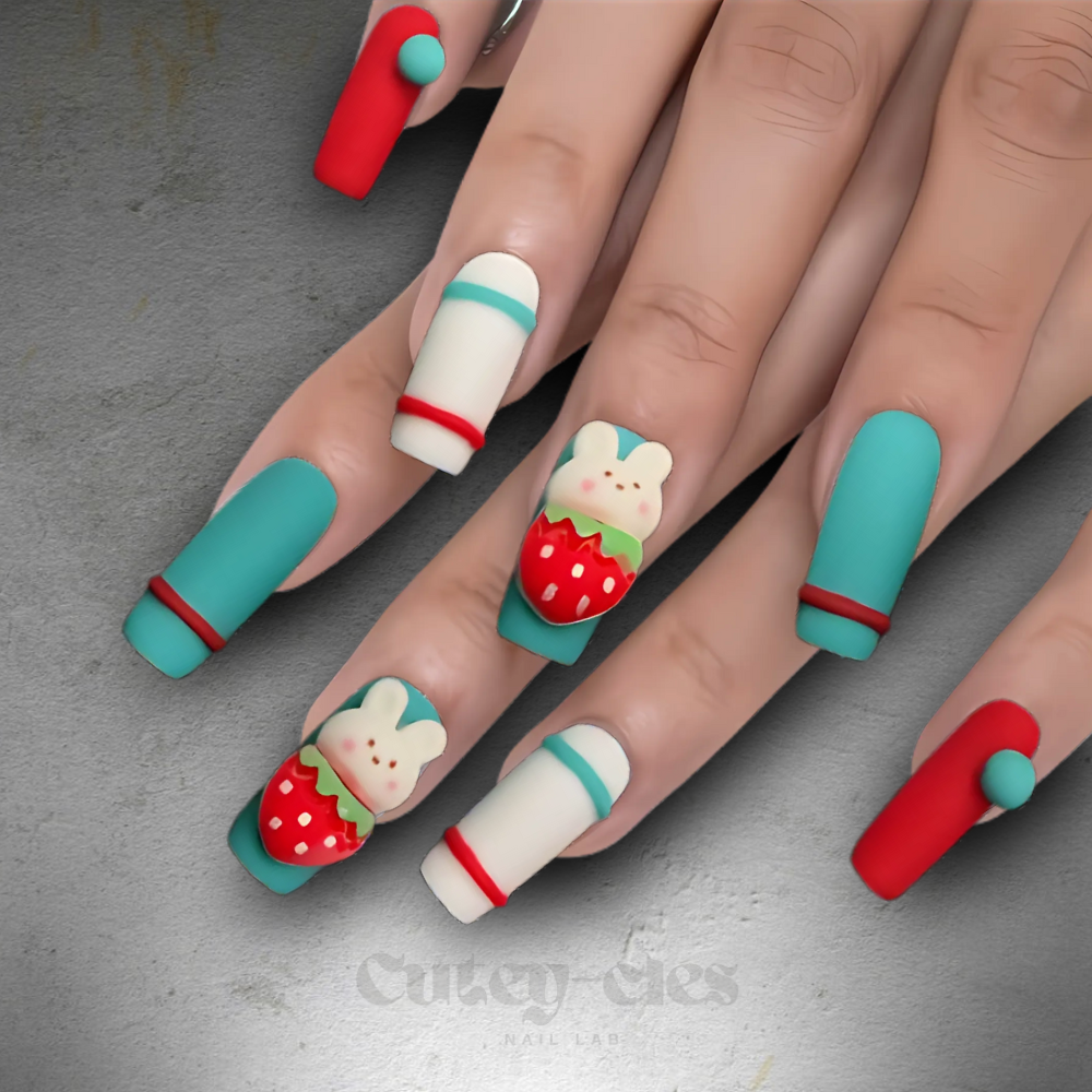 Adorable strawberry bunny-themed 3D press-on nails with a mix of red, green, and white tones, featuring handmade kawaii designs.