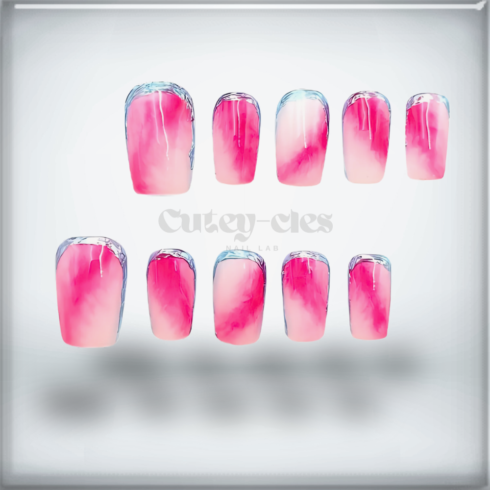 square-shaped pink ombre press-on nails with chrome cuticle outline, glossy finish, and a modern gradient design.