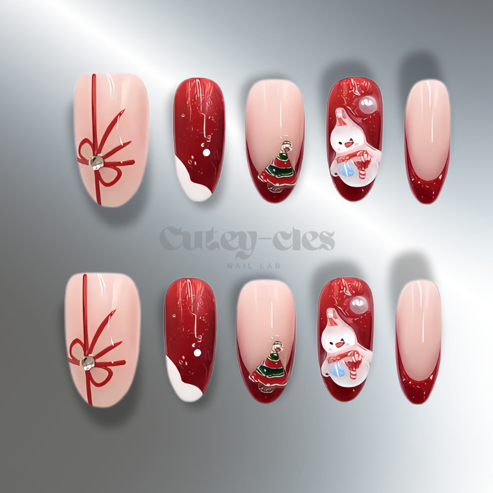 Holiday-themed oval-shaped press-on nails with red and white color palette, snowman accents, gift bows, and glossy finish.