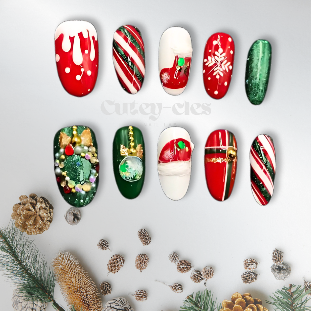 Holiday-themed press-on nails with designs including candy canes, snowflakes, and festive wreaths in red, green, and white, perfect for Christmas celebrations.