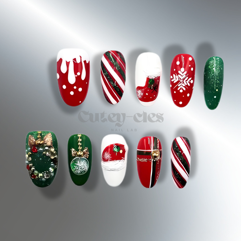 Holiday-themed press-on nails with designs including candy canes, snowflakes, and festive wreaths in red, green, and white, perfect for Christmas celebrations.