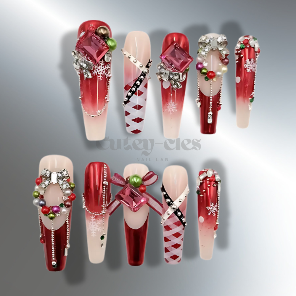 3XL ballerina red and white Christmas nails with 3D jewels, snowflakes, and festive ribbon patterns