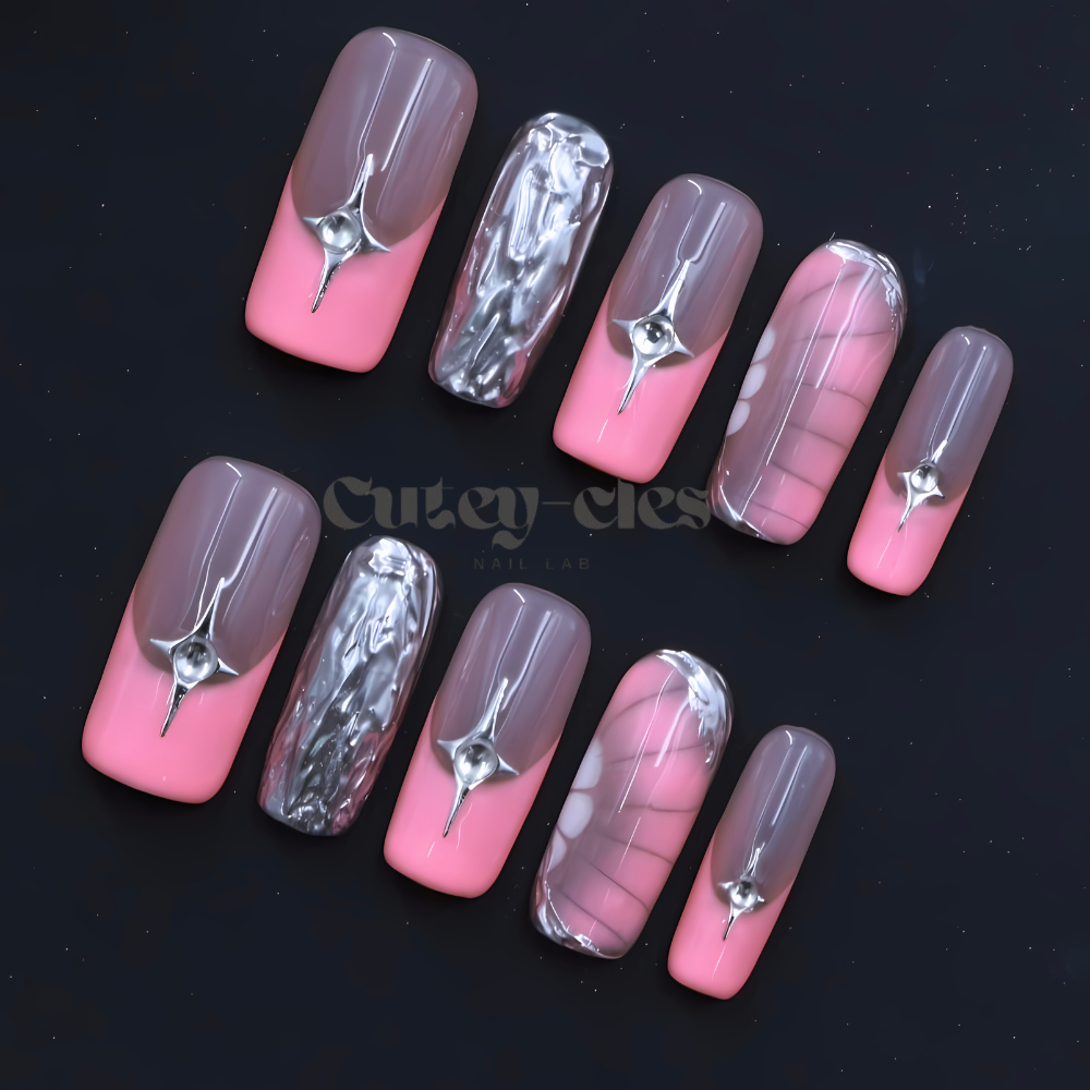 Chic pink and chrome press-on nails with gemstone accents in square shape, medium length.