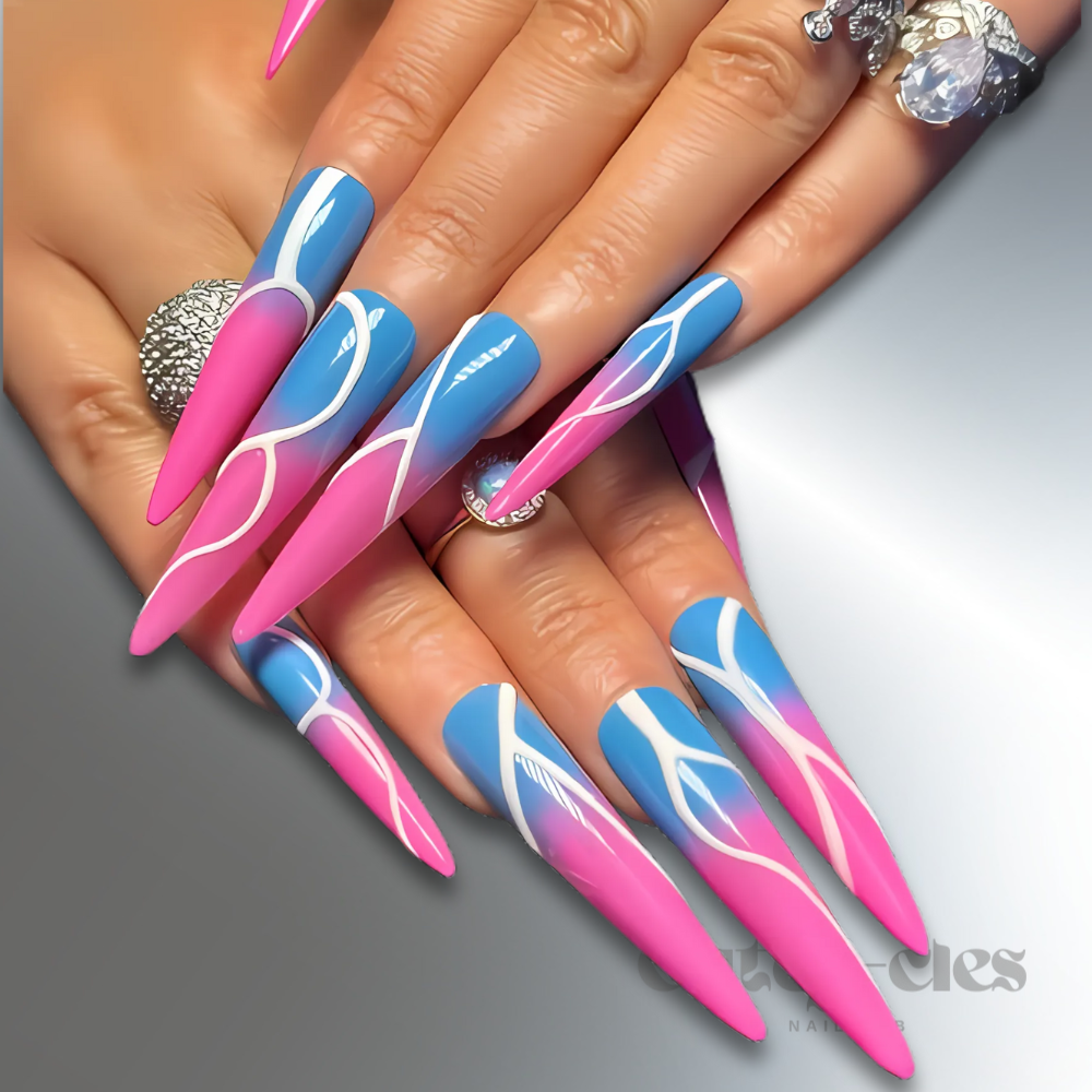 3XL stiletto press-on nails with a vibrant neon pink and blue base, featuring bold abstract white line art and a dramatic glossy finish.